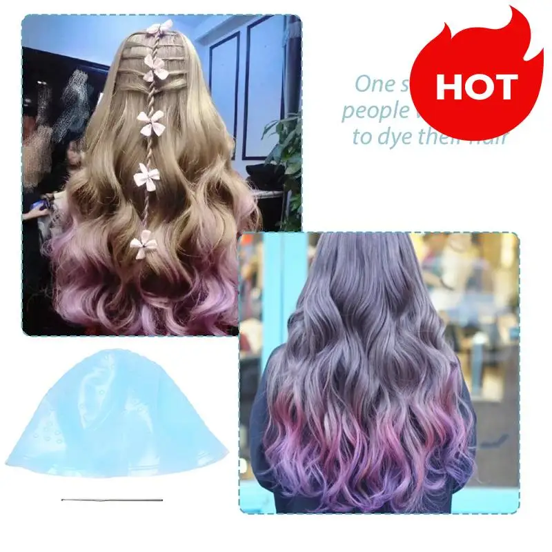 A01V-Reusable Salon Highlighting Dye Hair Coloring Frosting Cap With Metal Hook Blue