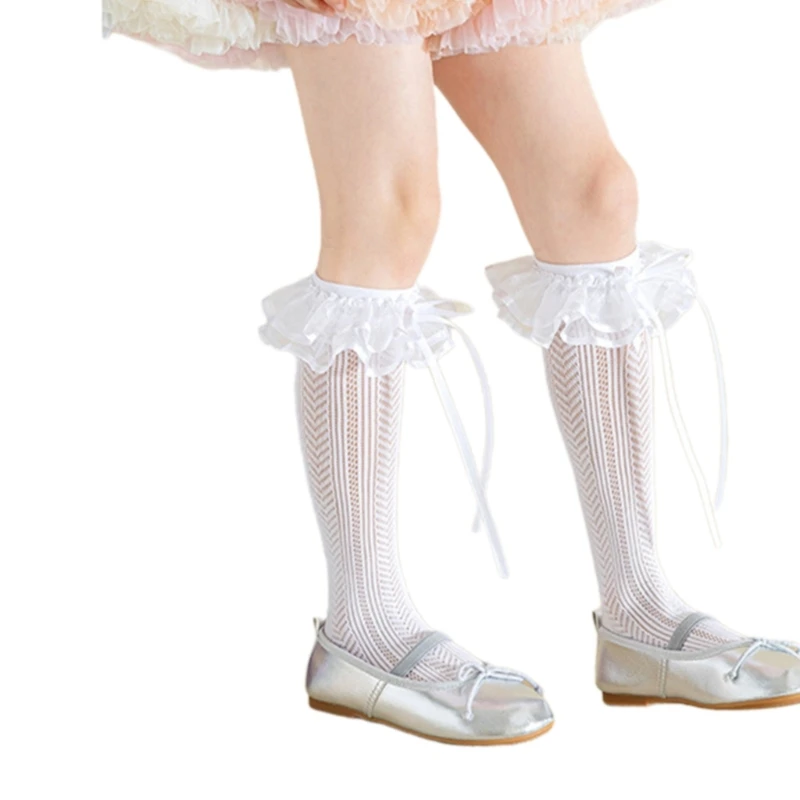 

Childrens Soft Knee Length Socks Elastic Lace Detailing Socks Ruffled Trim Girls Dresswear Fashion Accessories