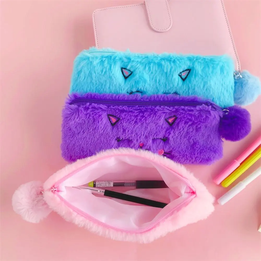 3Pcs Kawaii Cute Cartoon Pencil Bag Kitten Fluffy Plush Pen Bag Zipper Single Layer Makeup Lipstick Bag School Office Supply