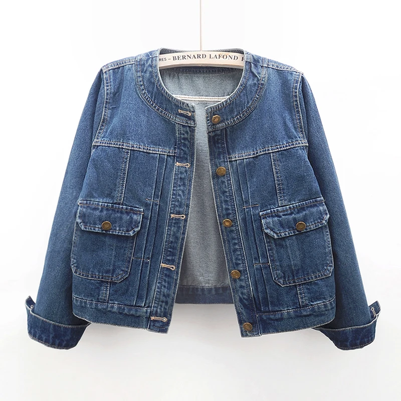2026 Spring Autumn New Korean round neck Slim Long sleeved Denim Jacket Women's Single breasted Short Versatile Slimming Top