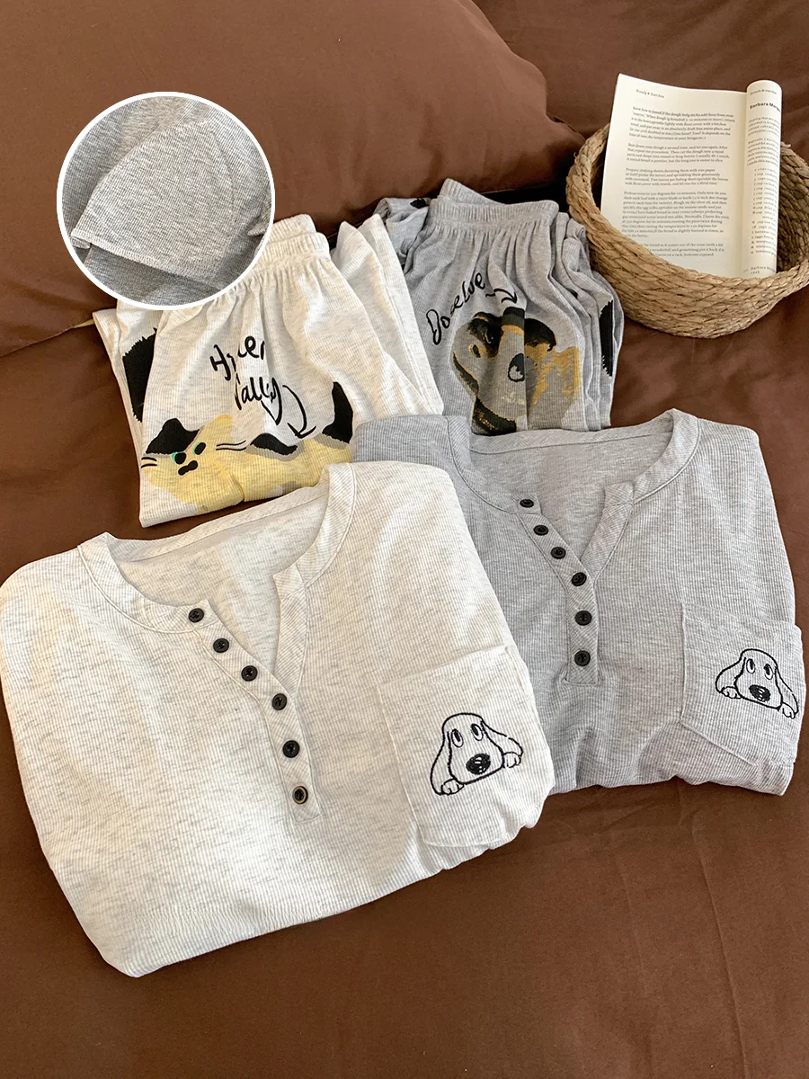 

Женская домашняя одежда свободного кроя с мультяшным принтом собаки, хлопковая пижама с круглым вырезом и вкладышами на груди, весенне-осенний комплект из двух предметов, удобный S...