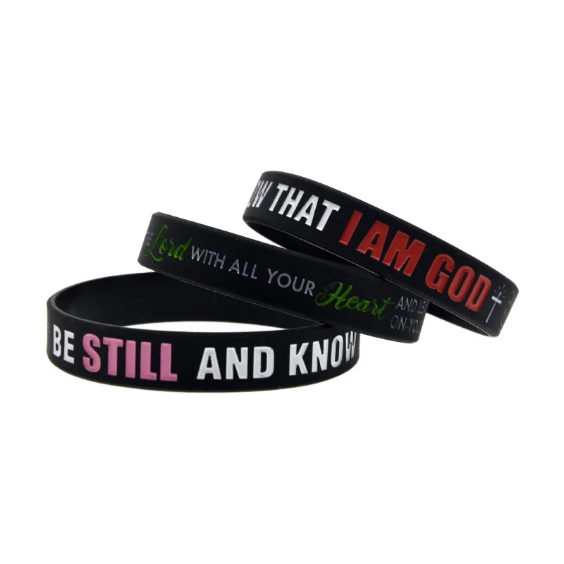 50 Stück PSALM 46:10 SPRÜCH 3:5.6 Silikon-Armband Jesus Handband Schwarz – Detail 8