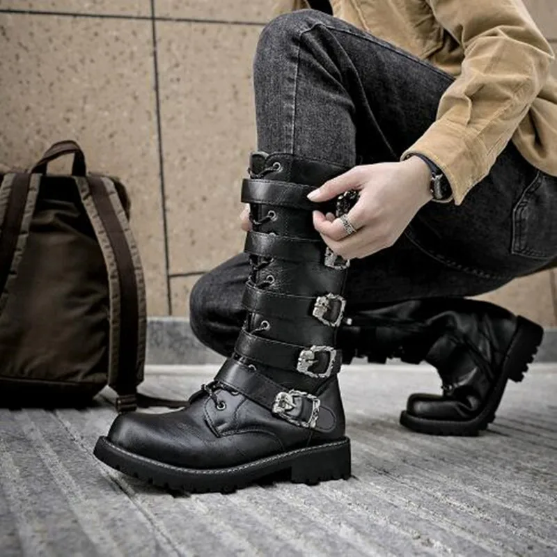 New Large Size Men's Leather Motorcycle Boots Mid-calf Combat Boots Gothic Belt Punk Boots Men High Top Shoes Tactical Boot 2026 view 2