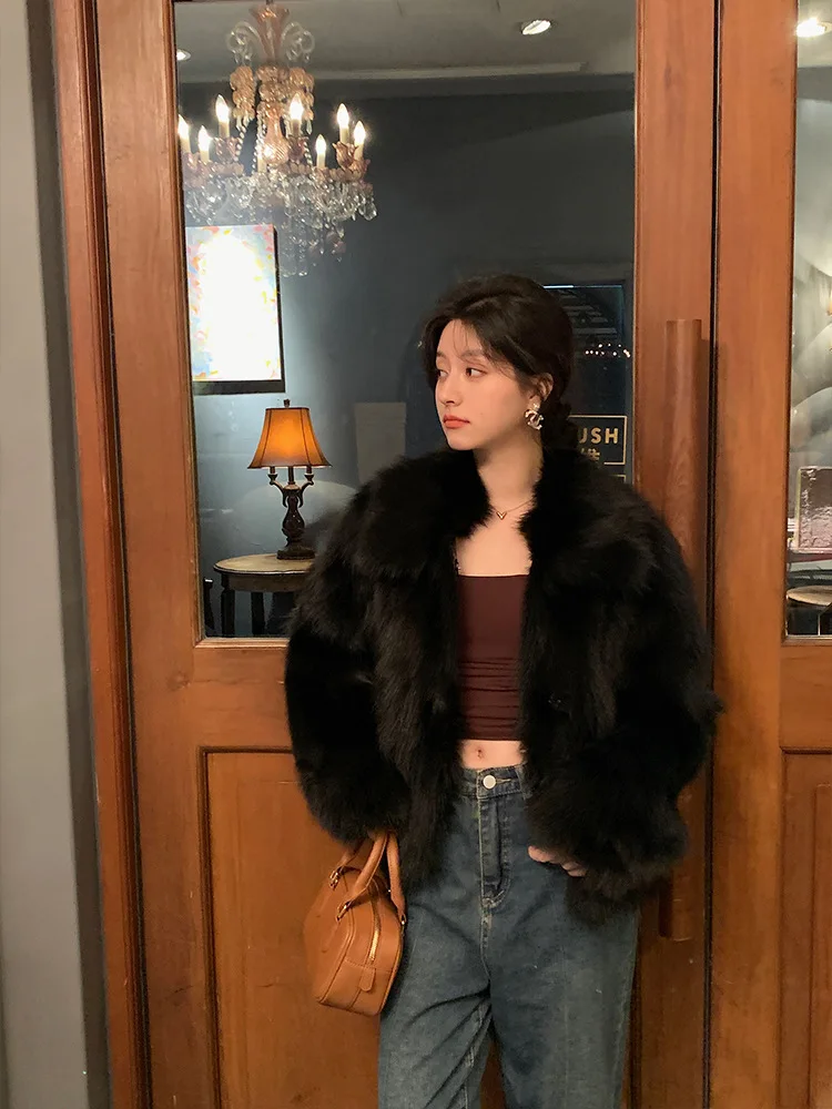 Women Faux Fox Fur Coats Solid Short Jackets Long Sleeves Turn Down Collar Open Stitch Loose Elegant Casual 2026 Autumn Winter