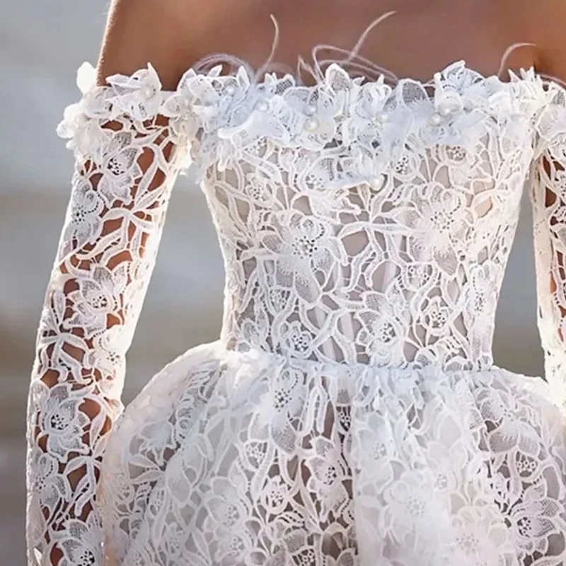 Robe de mariée blanche à épaules dénudées, en dentelle florale, ligne a, robe de bal, manches longues, Mini robe de soirée personnalisée