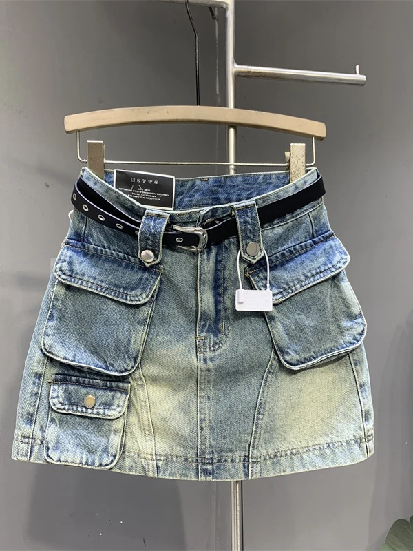 Ropa de trabajo vaquera Retro coreana Sle novedad de verano combinación Simple adelgazante chica caliente cintura alta falda acampanada Multi ket