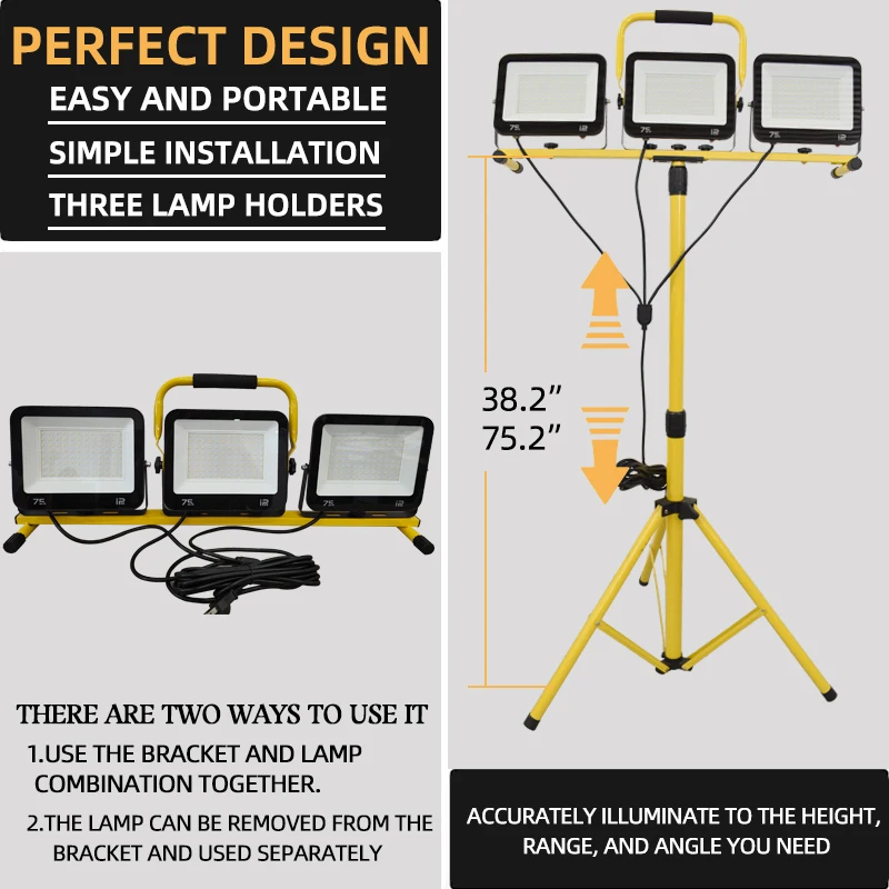 ChangLang-luz de inundação com metal ajustável telescópico tripé, interior e exterior, IP65 luz de trabalho, 2m, 3x75W, 6500K