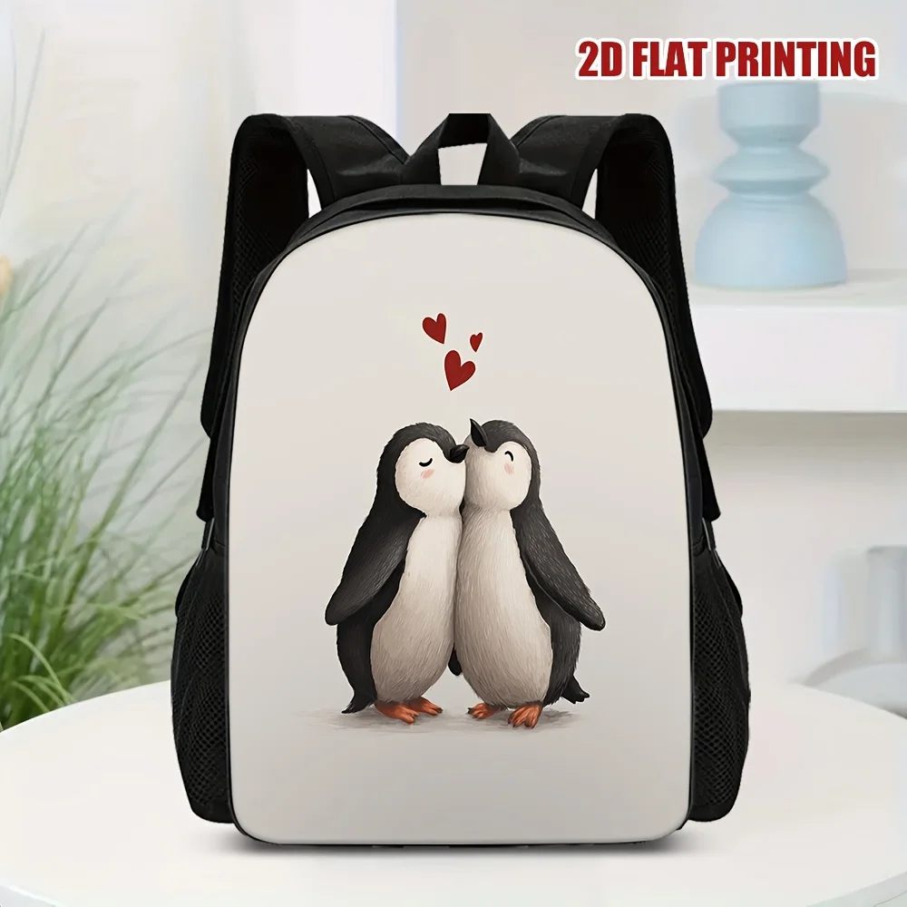 

1 Piece Large Capacity Penguin Love Hug 2D Flat Printed Backpack - Travel Shoulder Bag with Washable Zipper Closure
