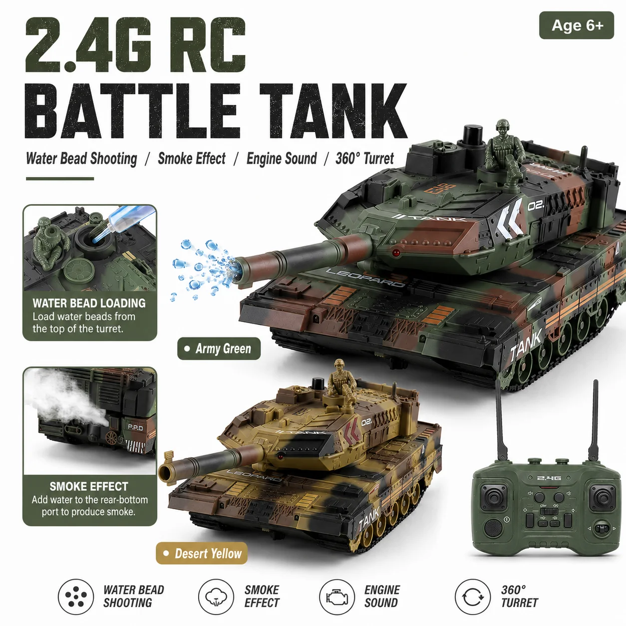 リモートコントロールタンクおもちゃ-24g充電式rc軍用車両-リアルな煙ledライトサウンド付き-男の子向け子供用ギフト