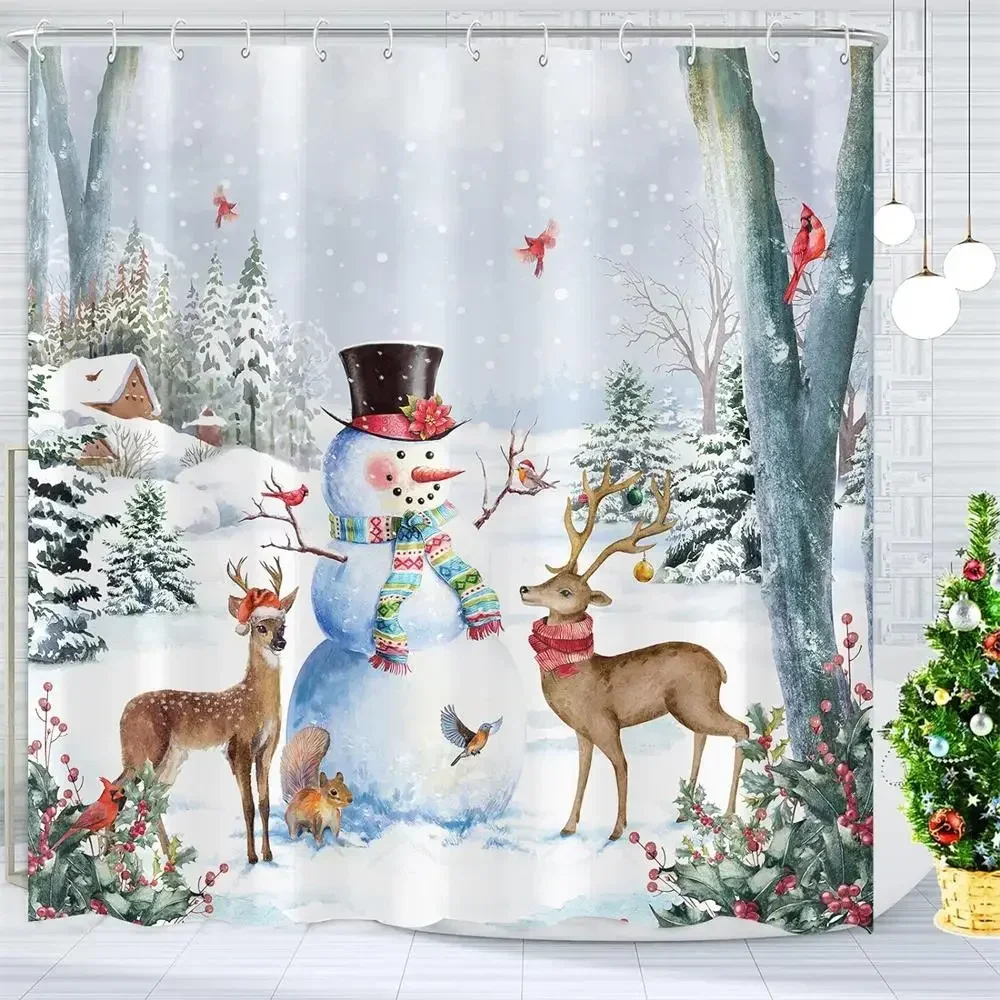 Winter Snowman Shower Curtain Funny Elk Squirrel Forest Pine Trees Snowy Scene New Year Christmas Decor Fabric Bathroom Curtains