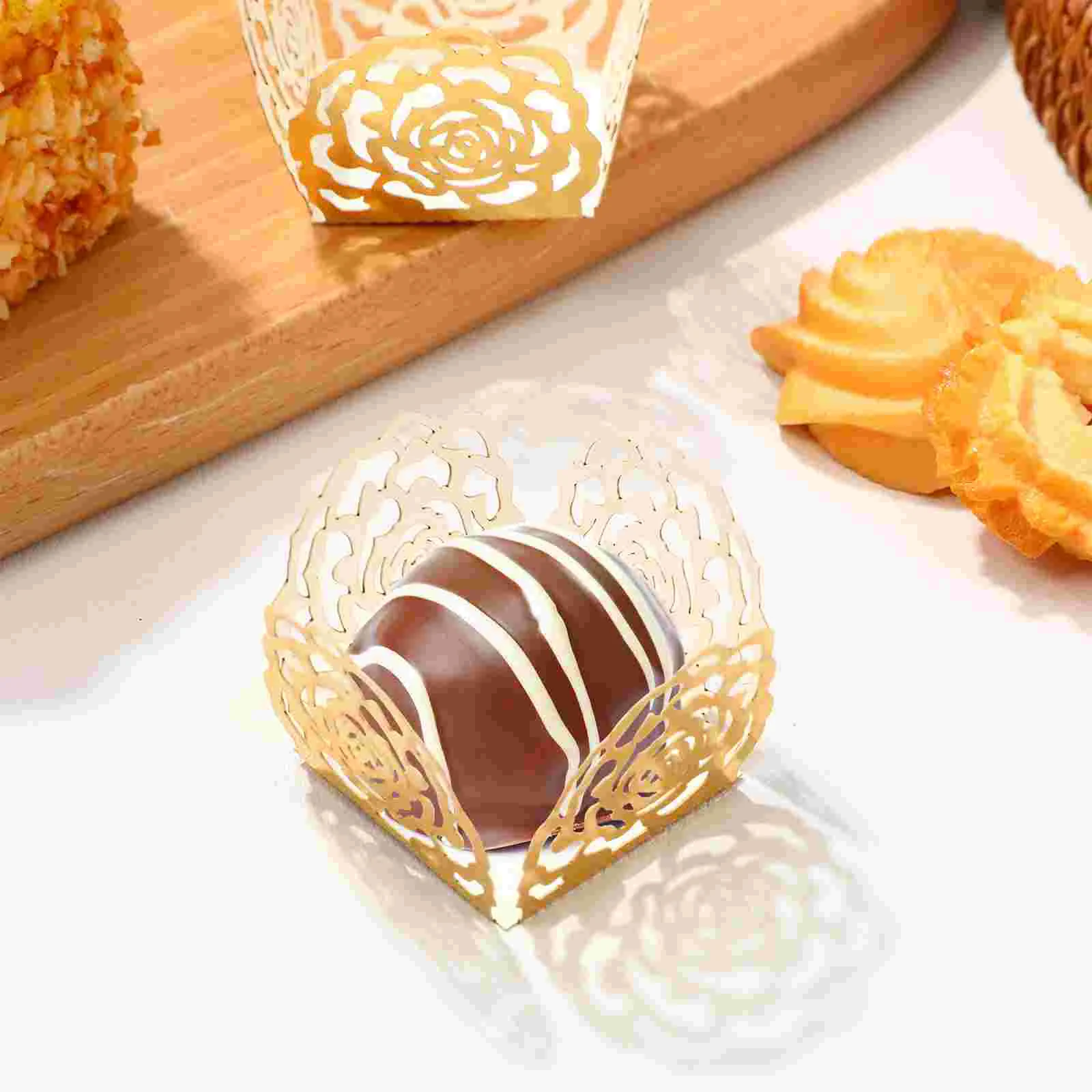 50 Pcs Red Decor Chocolate Tray Snacks Wrappers Cupcake Liners Cups Golden Truffle Flower Bride