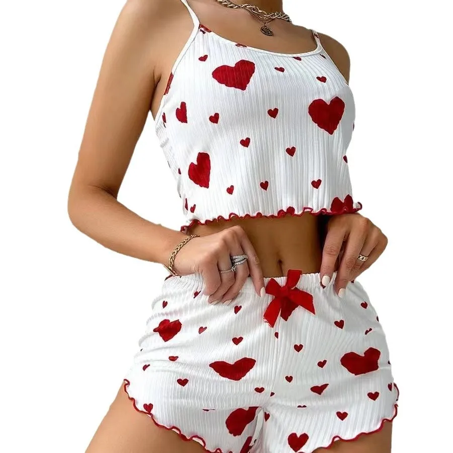 

2026 New Women's Summer Sling Vest with Shorts 2PCS Pajama Set Love Heart Print Spaghetti Strap Camisole Sleepwear Set for Girls