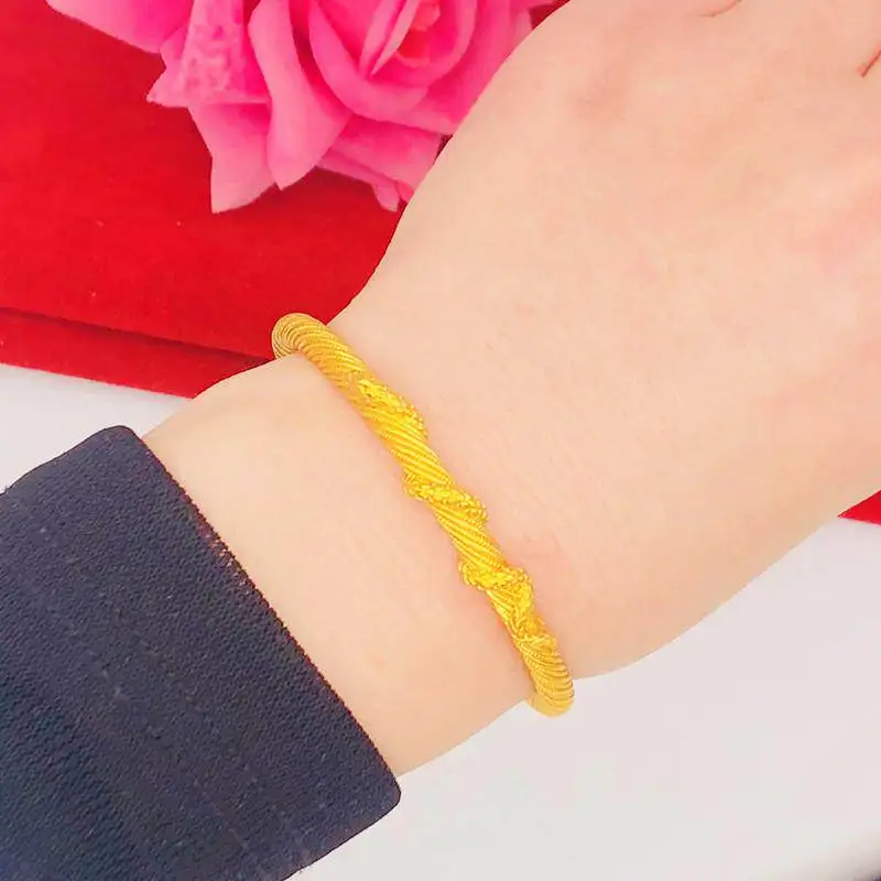 Chinese Style Auspicious Lucky Snake Design 6mm Thick Gold Plated Copper Open Bangle Filigree Twisted Pattern Wealth Attracting
