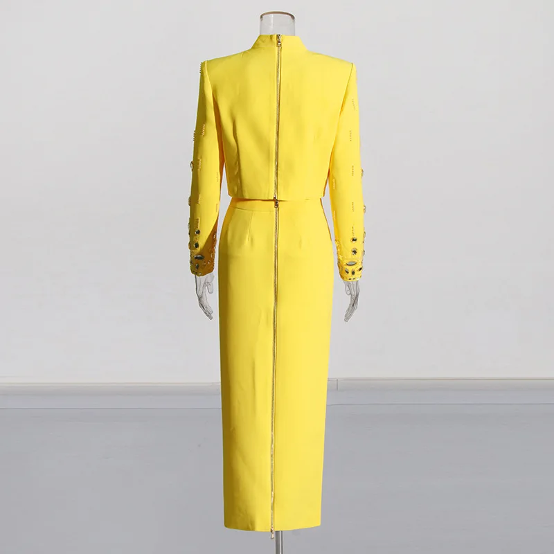Mingyuan Wind Heavy Industry End Sensation 2025 Spring New Item Nail Diamond Long Sleeved Top High Waist Bag Hip Skirt Two Piece