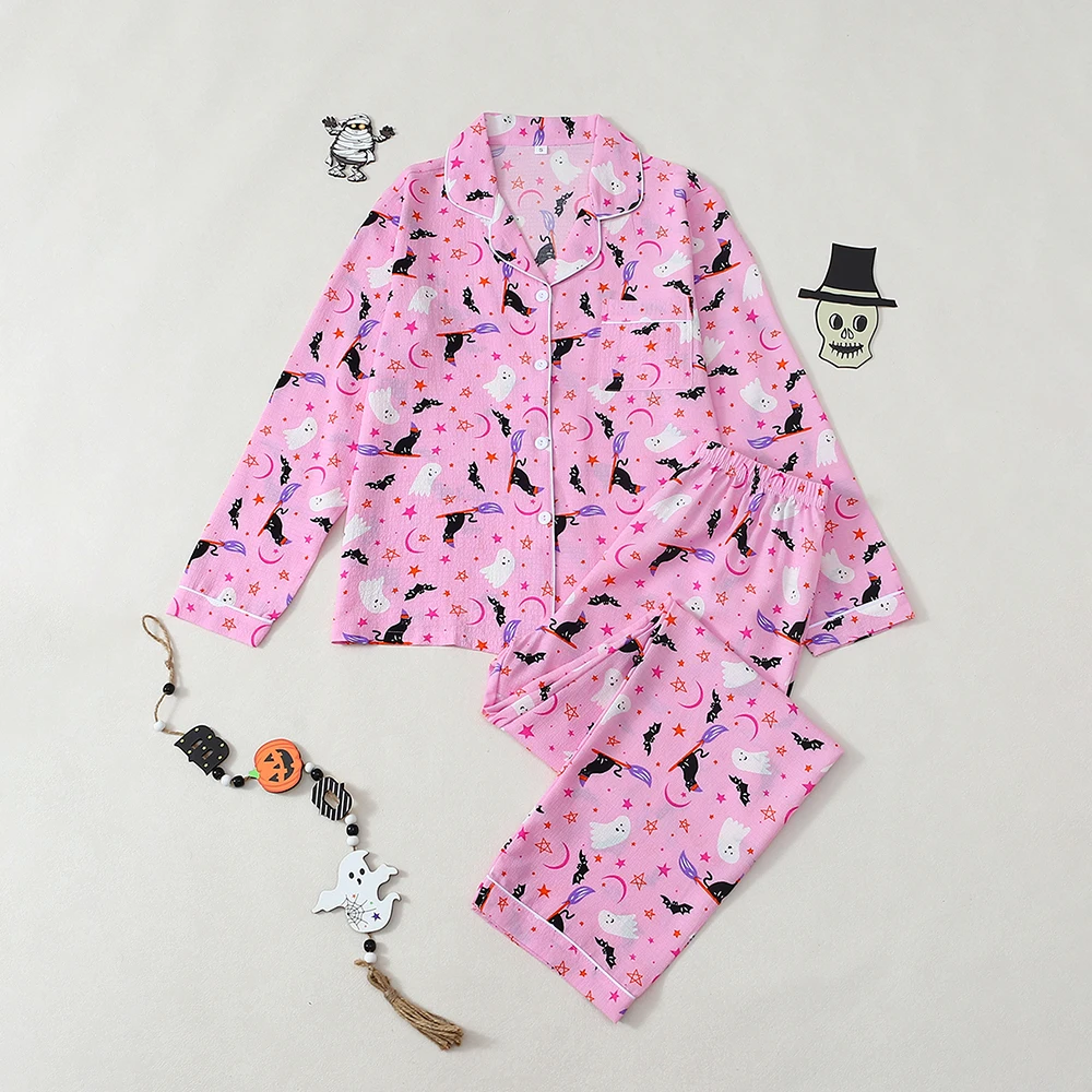 

2Pcs Halloween Pajamas Set For Women Button Down Long Sleeve Trousers Nightwear Suit Theme Party Single-breasted Loungewear