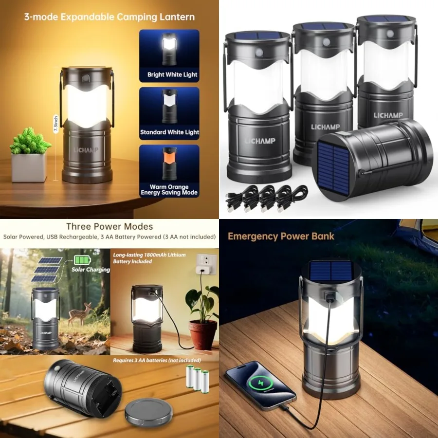Pack Solar Camping Lantern, USB Rechargeable LED Lanterns Battery Powered Pop Up Flashlight Lamps with Three Modes Power for Po