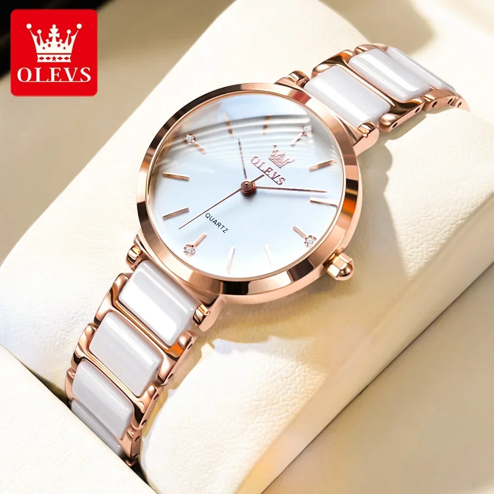 OLEVS Luxury Automatic Woman Watch Rose Gold Ceramics Strap Quartz Wrist Watch Waterproof Simple Dial Watches for Women Gift Set