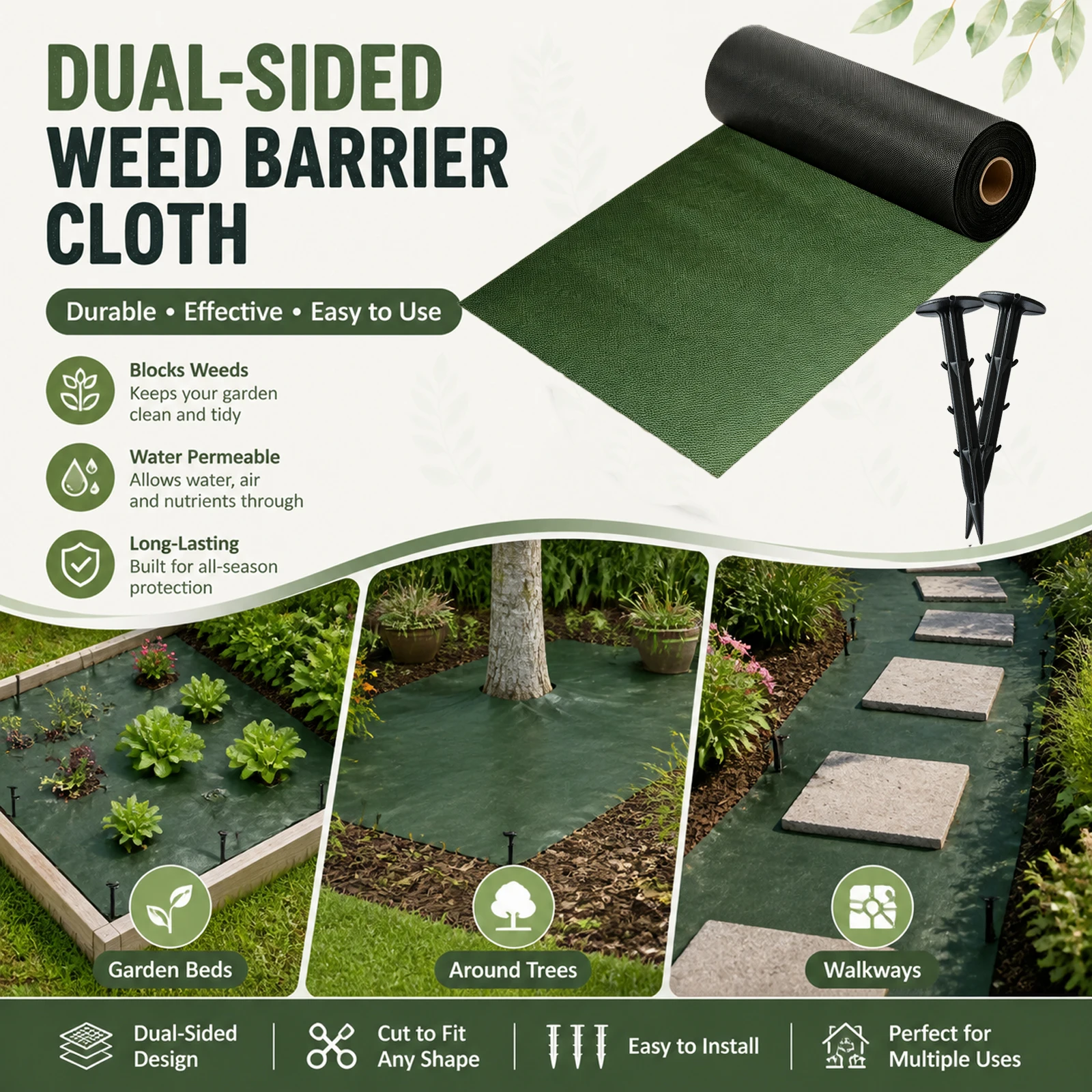 Heavy-Duty Green Black Weed Prevention Fabric, Double-Layer Non-Woven Ground Cover Mat with 14 Staples for Garden Yard Walkway