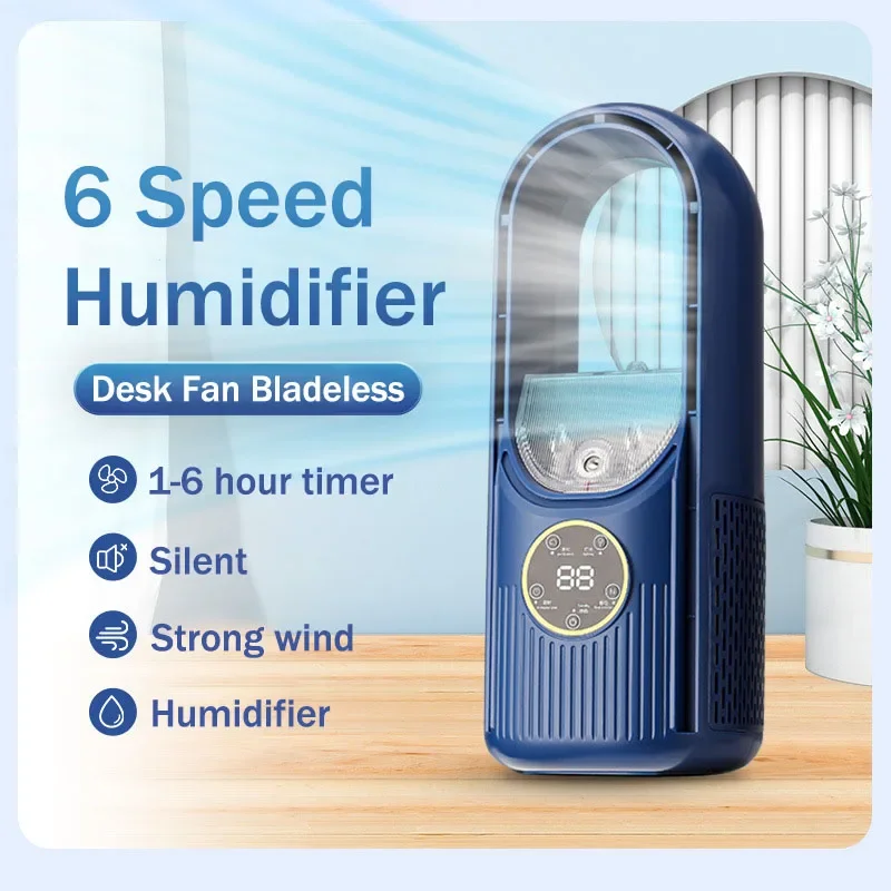 Strong Wind Cooling Bladeless Desk Fan Tower Fan Air Humidifier 1-6 Hour Timer New Summer Portable Desktop Air Conditioner Fan