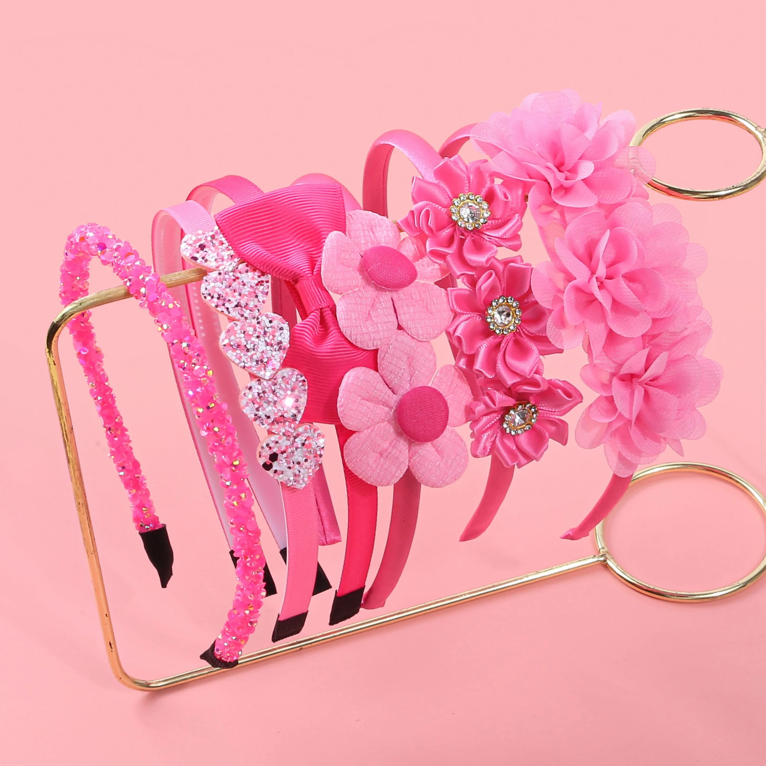 

6pcs Pink Chiffon Floral Bow Sequins Heart Horned Flower Headbands For Kids Valentine’s Day Date Gift Decor Hair Accessories
