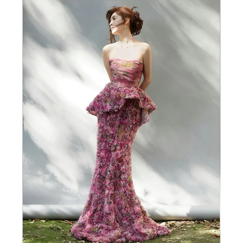 

Strapless toasting new style sweet floral morning dress