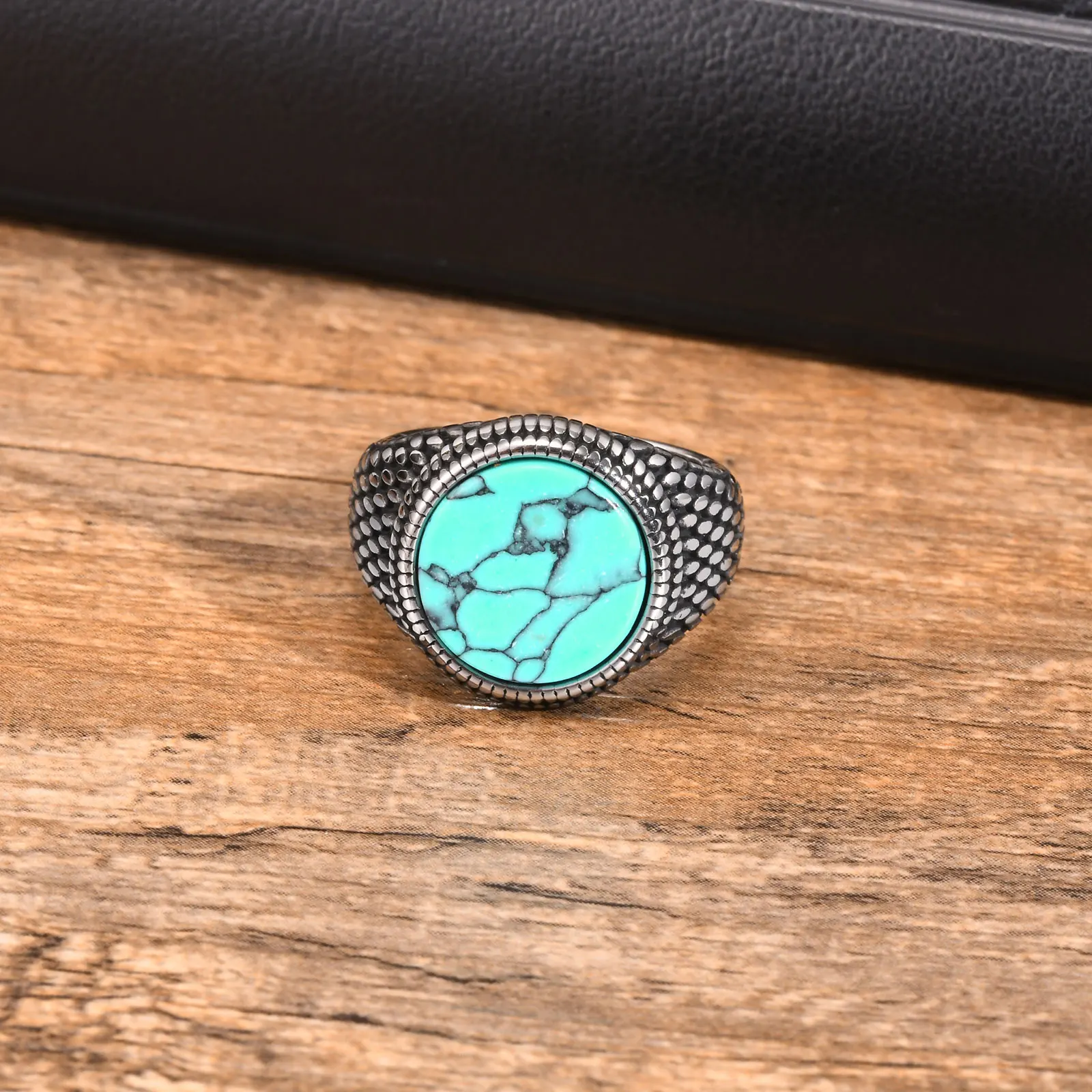 Punk Round Gemstone Rings for Men,Stainless Steel Scales Ring Band Finger,Stylish Hiphop Signet Ring Jewelry Gift for Him Boys