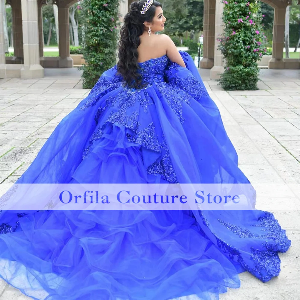 Vestido azul real mexicana, Quinceañera de 15 años, con mangas extraíbles, apliques de lentejuelas, dulce 16, Vestido largo de Graduación