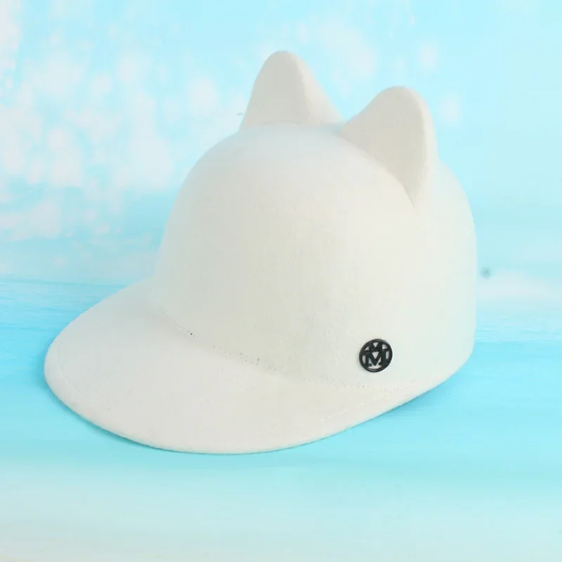 Plain Wool Felt Korean Cat Ears Equestrian Cap Parent-child Cap Flat Brim Horseman Trilby Hat for Men Women Children Boys Girls