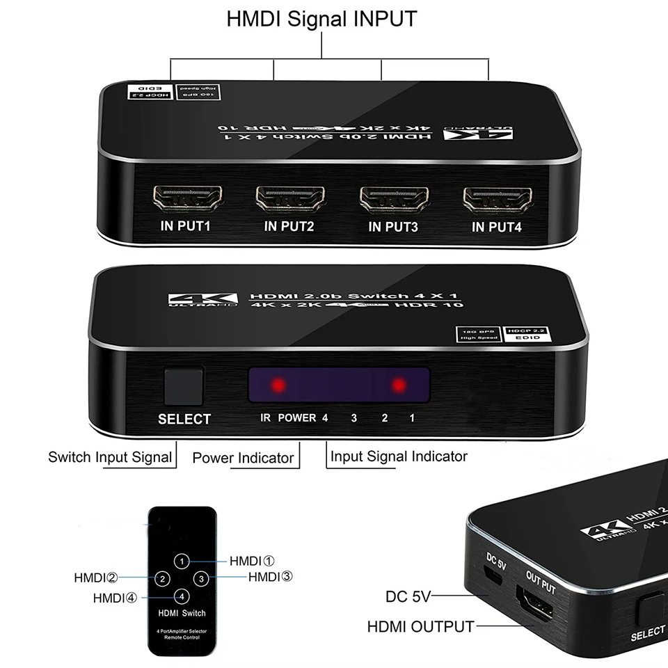 2022พอร์ต4พอร์ต18Gbps HDR 4K HDMI 2.0 4X1สนับสนุน HDCP 2.2 HDMI Switch HUB กล่อง IR Mini HDMI Switch Remote สำหรับ PS4 360