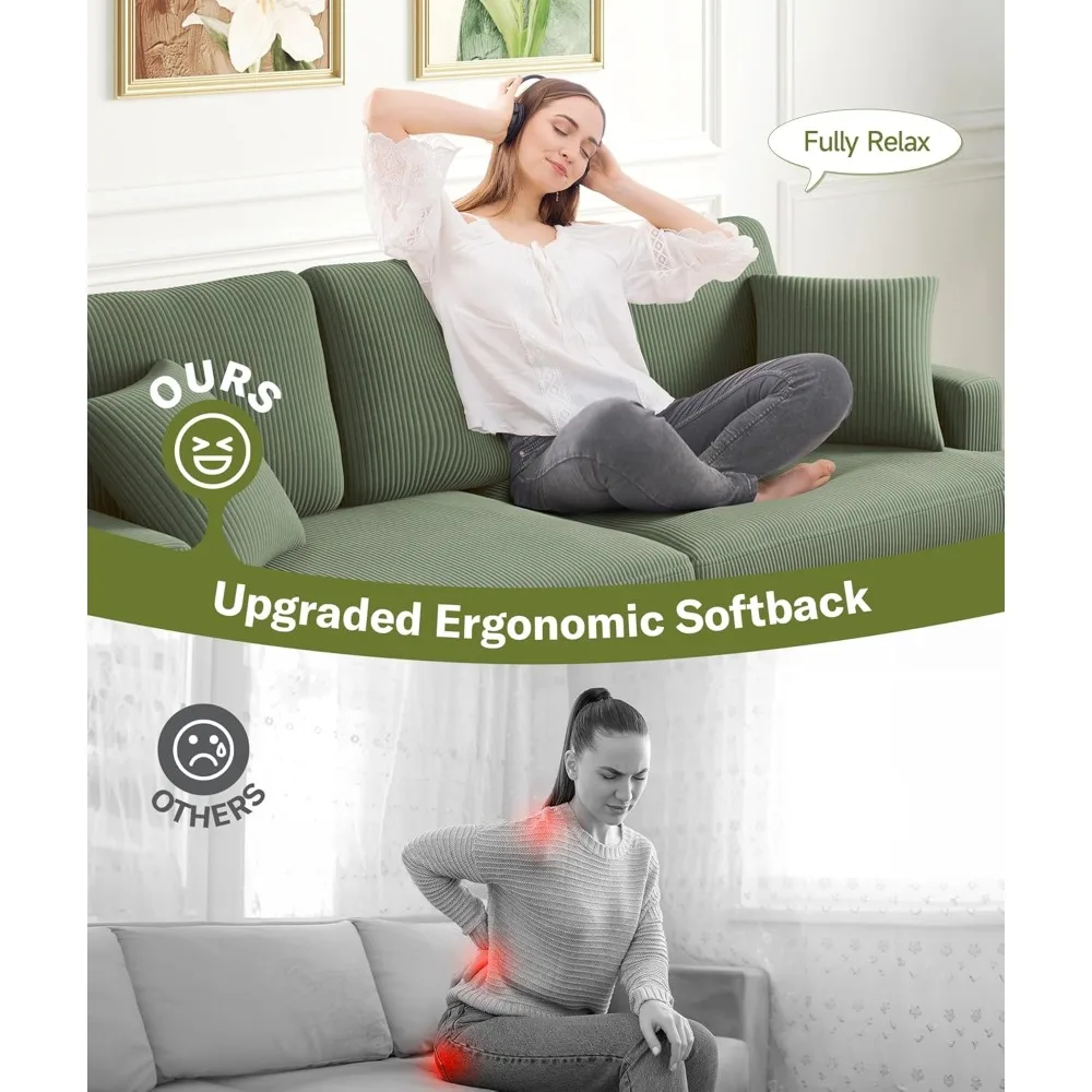 "Sofá verde de 87 polegadas com assentos profundos de 21 polegadas: móveis de sala de veludo cotelê confortáveis para fácil montagem"