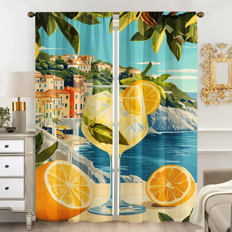 2PCS Multicolor Mediterranean Coastal Lemon Cocktail Pattern Curtains Rod Pocket Design For Bedroom And Living Room