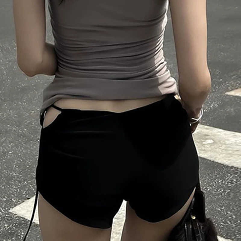 Rapcopter Solid Korean Shorts Cut Out Tie Up Basic Sexy Slim Pants Women Streetwear Low Waisted Summer Shorts Punk Aesthetic 90s