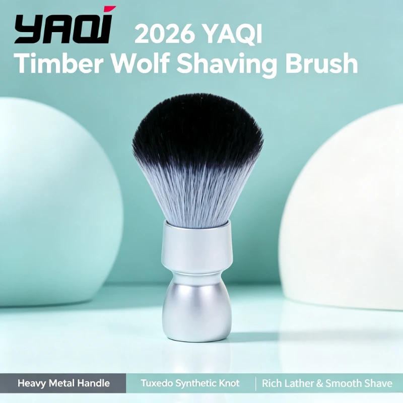 2026 YAQI Heavy Metal Handle Timber Wolf Synthetic Hair Tuxedo Knot Shaving Brush for Mens Professional Shave