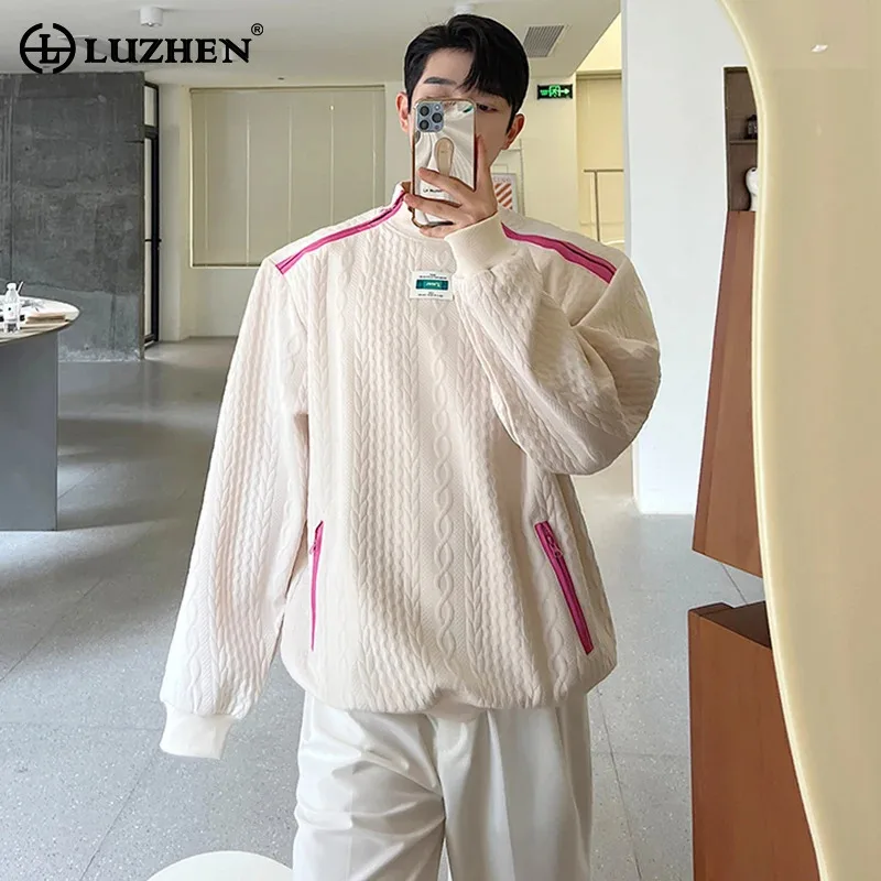 LUZHEN 2024 New Fashion Zipper Splicing Design Color Contrast Stripe Casual Sweatshirt Men's Trendy Pullover Clothes LZ7220