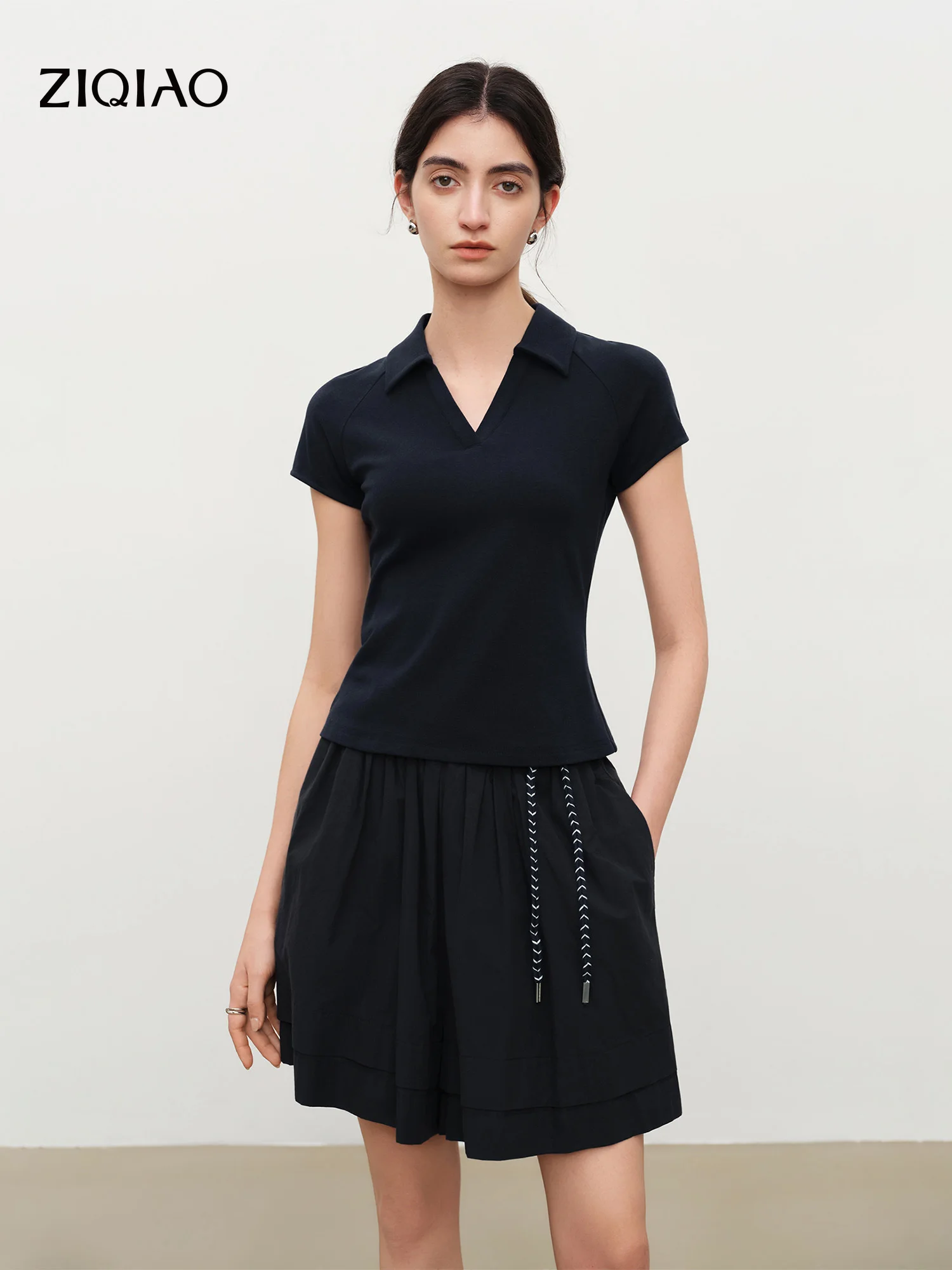 ZIQIAO 2026 Summer Women‘s Preppy Polo Collar Knit Top Waist-Cinching Slim Fit T-Shirt for Literary Chic Poetcore Academia Style
