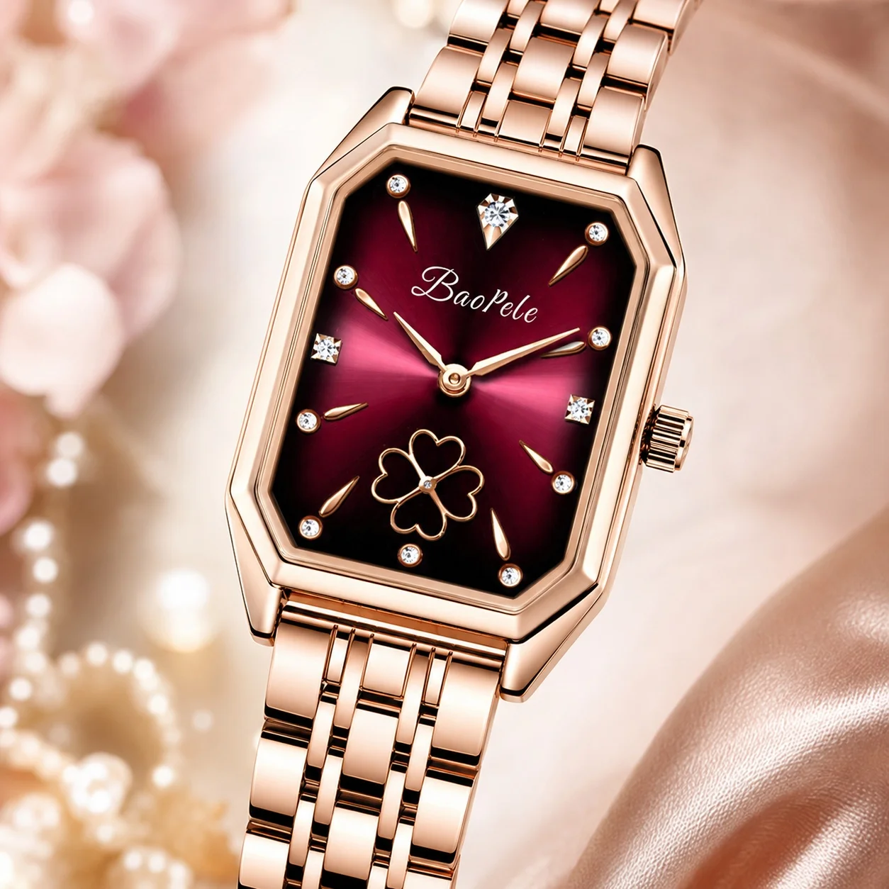 Women Quartz Watch Rose Gold Stainless Steel Bracelet Square Red Dial Rhinestone Clover Luxury Fashion Wristwatch