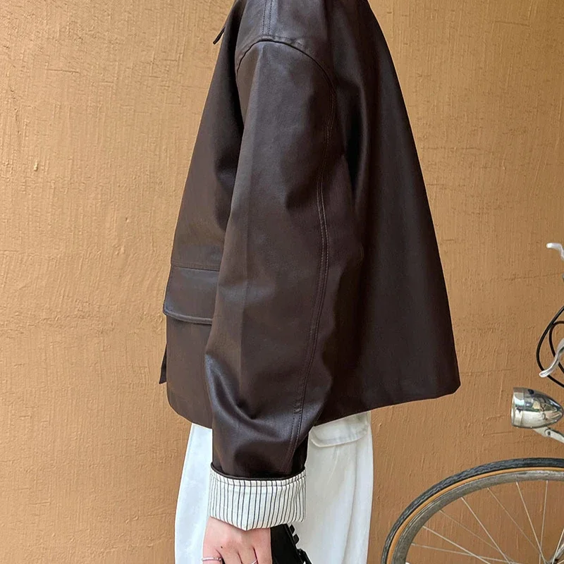 Vintage Kunstlederjacke mit Tasche, Knopfleiste vorne, lockere Passform, langärmelig, einfarbig, kurzer Mantel, Herbst-Damenbekleidung