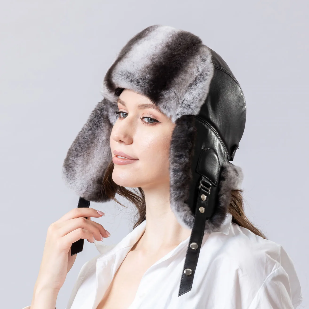 

real sheep leather hat with real rex rabbit fur chinchilla color