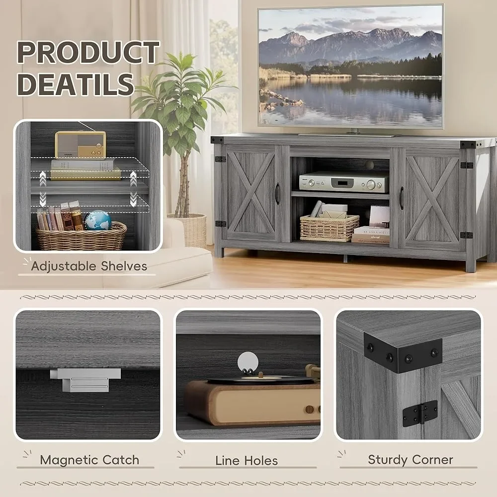 2つの納屋ドアと収納キャビネット付きテレビスタンド、最大65インチまでのテレビに対応、エンターテイメントセンターコンソールテーブル、テレビスタンド