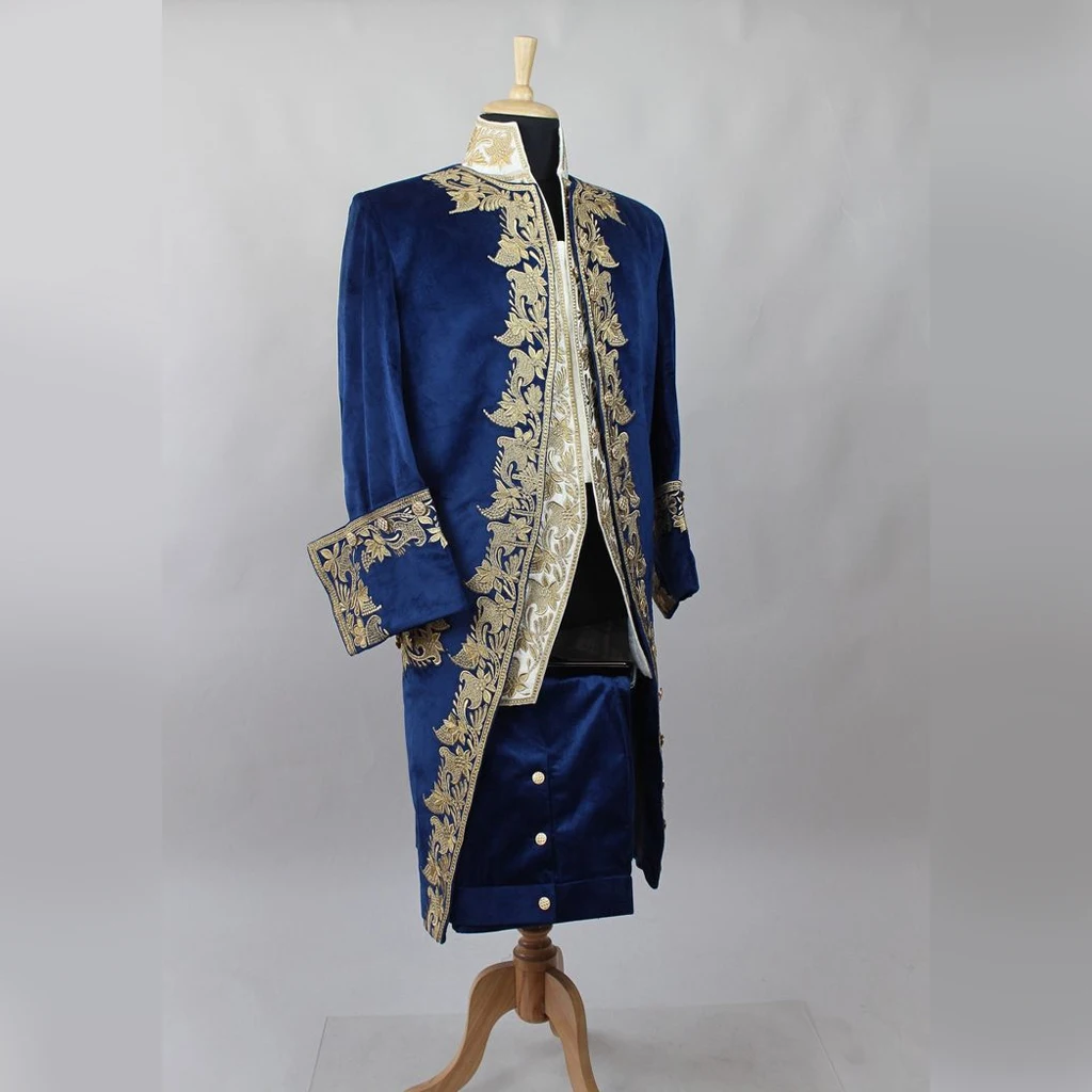 18th Century French Royal Rococo Baroque Men's Navy Blue Ball Gown Heavy Luxurious Embroidered Court Coat Wedding Theater Costum