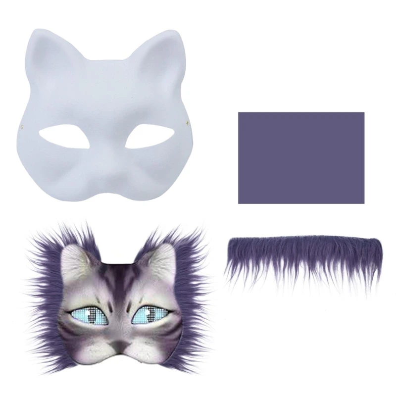 Unpainted Masquerades Mask Cats Face Mask Set Including Furry Fabric Trim Adhesive Fabric for Kid Adult Halloween Party