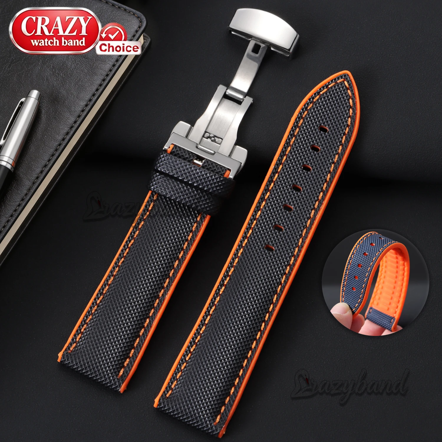 Bracelet de montre en caoutchouc et nylon, 20mm, 22mm, 24mm, universel, en silicone, pour IWC, Tudor, Seiko, avec boucle papillon