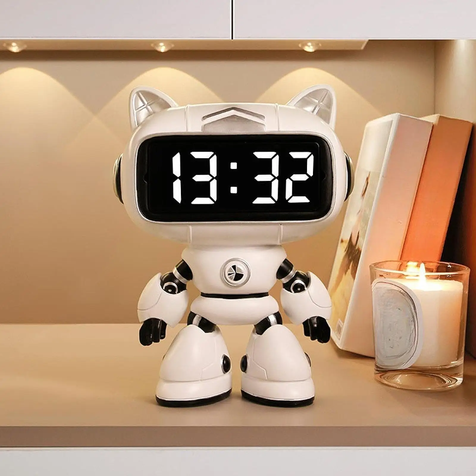 

Robot Cat Sculpture Decoration Table Clock Desk and Shelf Clock Resin Ornament for Home Bedroom Bookshelf Office Bedside Tables