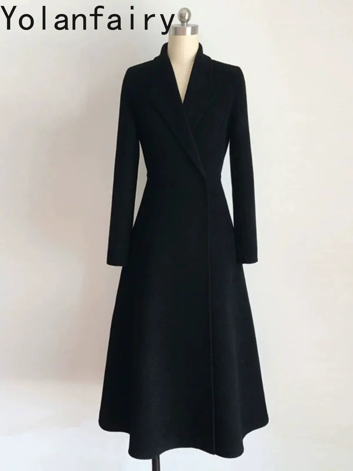 YOLANFAIRY Luxury Double-faced Cashmere Coats for Woman Elegant Waisted Wool Coat Flared Hem Slim-fit Long Woolen Jacket Outwear