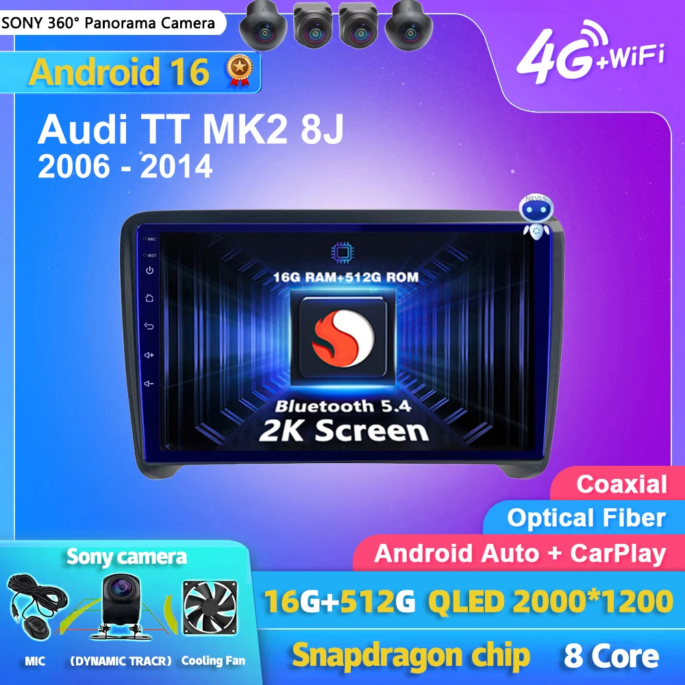 Android 16 Carplay Auto 2K Screen Car Radio Multimedia Player For Audi TT MK2 8J 2006 - 2014 Autoradio GPS Stereo 2din Head Unit