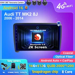 Android 16 Carplay Auto 2K Screen Car Radio Multimedia Player For Audi TT MK2 8J 2006 - 2014 Autoradio GPS Stereo 2din Head Unit