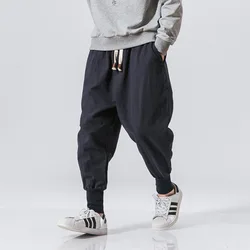 Calça masculina harém de linho de algodão estilo chinês, corredores casuais masculinos, streetwear Harajuku, cintura elástica, calças grandes, novo, 2023