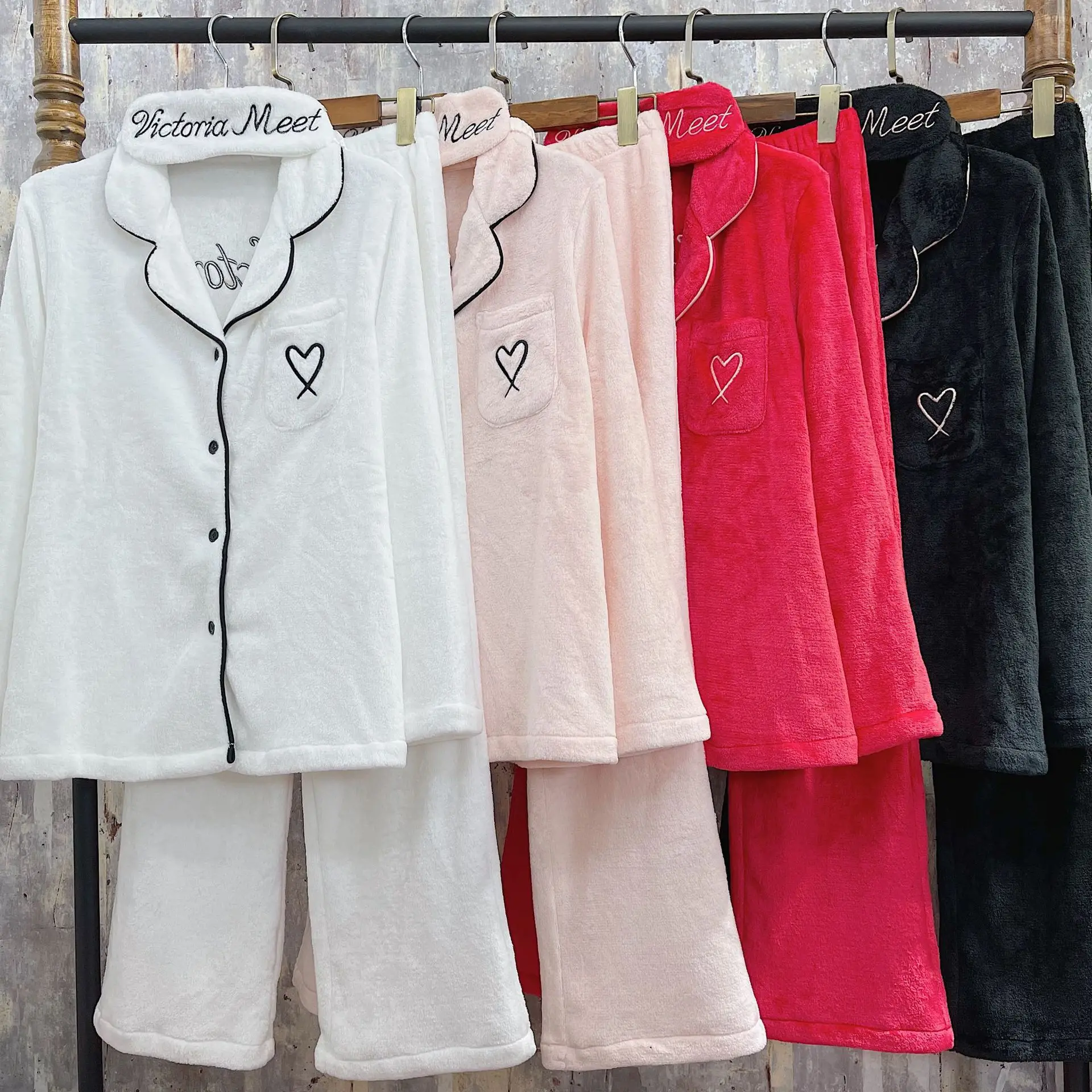 

Flannel Sexy Embroider Love Shirt&pants Lapel Home Clothes Sleepwear Warm Pajamas Women's Nightwear Winter New Loungewear