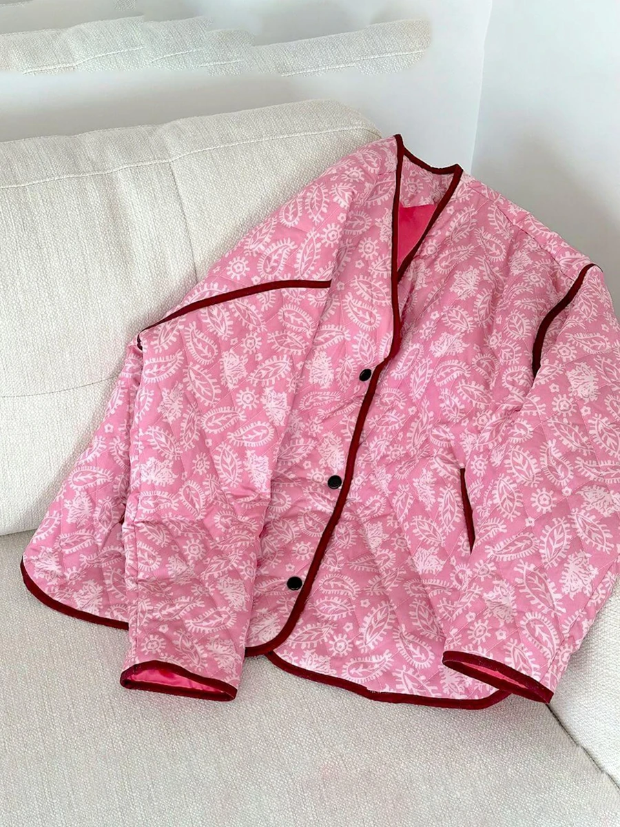 Chaqueta acolchada con estampado Floral para mujer, abrigo cálido de manga larga con cuello en V, Parkas informales ligeras con botones para invierno