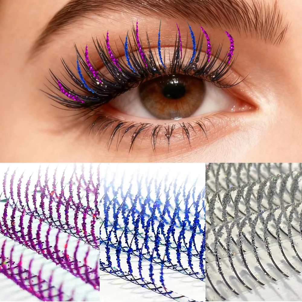 Ciglia a punta glitter argento viola blu Cosplay Natale Estensione ciglia individuale per ciglia all'ingrosso per Halloween